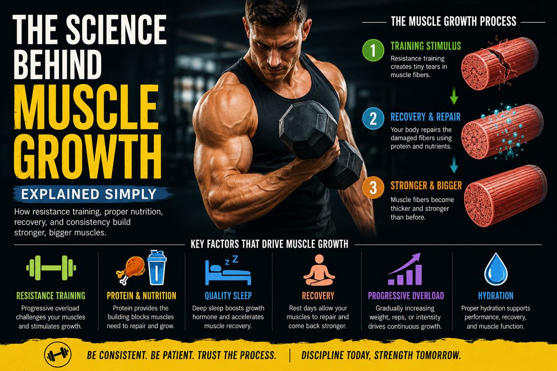 Illustration of muscle growth showing muscle fibers repairing and growing stronger after resistance training, explaining the science behind muscle hypertrophy and strength development.