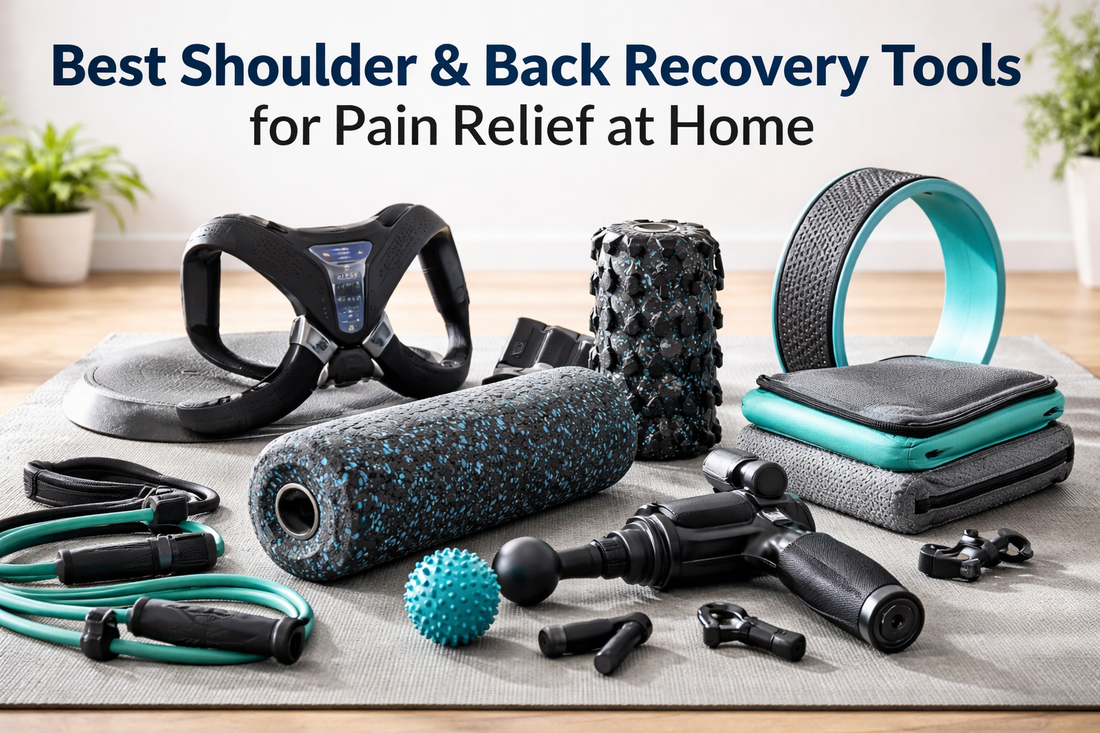 Realistic home setup for shoulder and back pain relief featuring foam roller, massage gun, resistance bands, posture corrector, yoga wheel, and heating pad on a yoga mat in a sunlit living room.