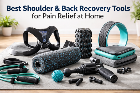Realistic home setup for shoulder and back pain relief featuring foam roller, massage gun, resistance bands, posture corrector, yoga wheel, and heating pad on a yoga mat in a sunlit living room.