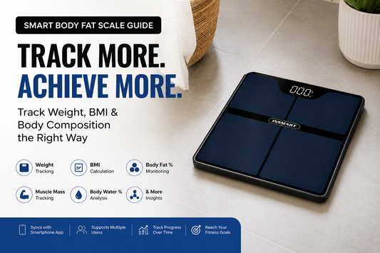 Person using a smart body fat scale to track weight BMI body fat percentage and muscle mass at home