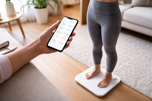 person standing on a smart scale checking body composition results on smartphone fitness app