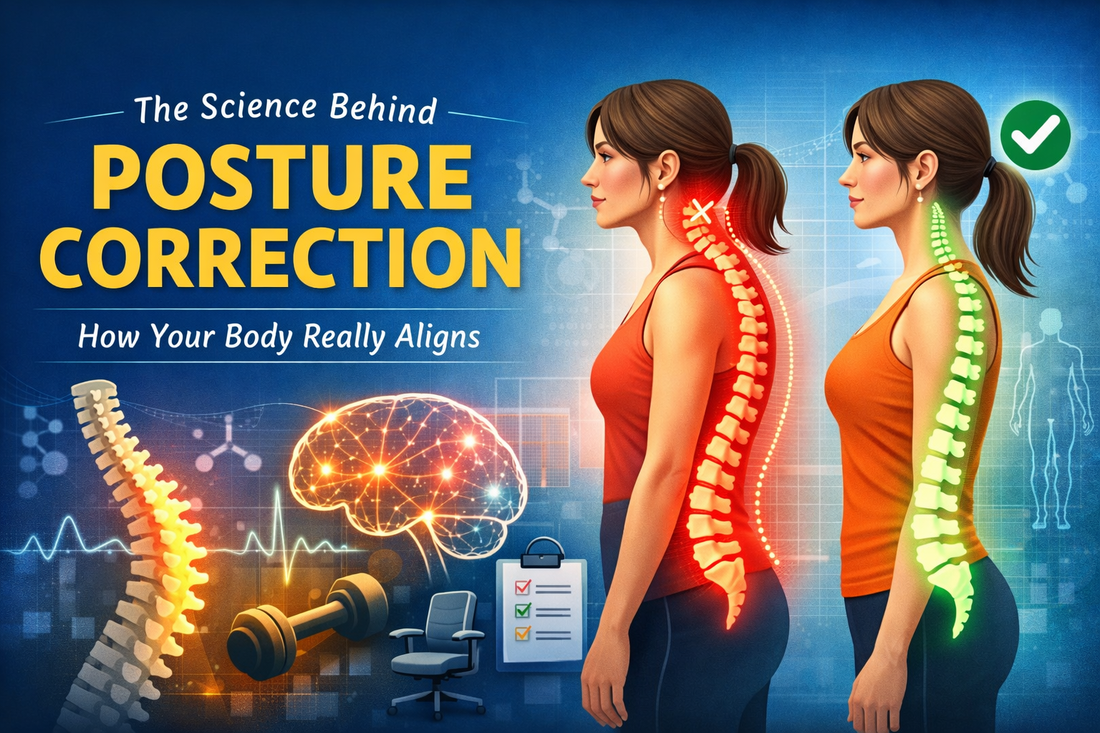 Illustration showing poor vs correct posture with highlighted spine alignment and scientific elements explaining posture correction