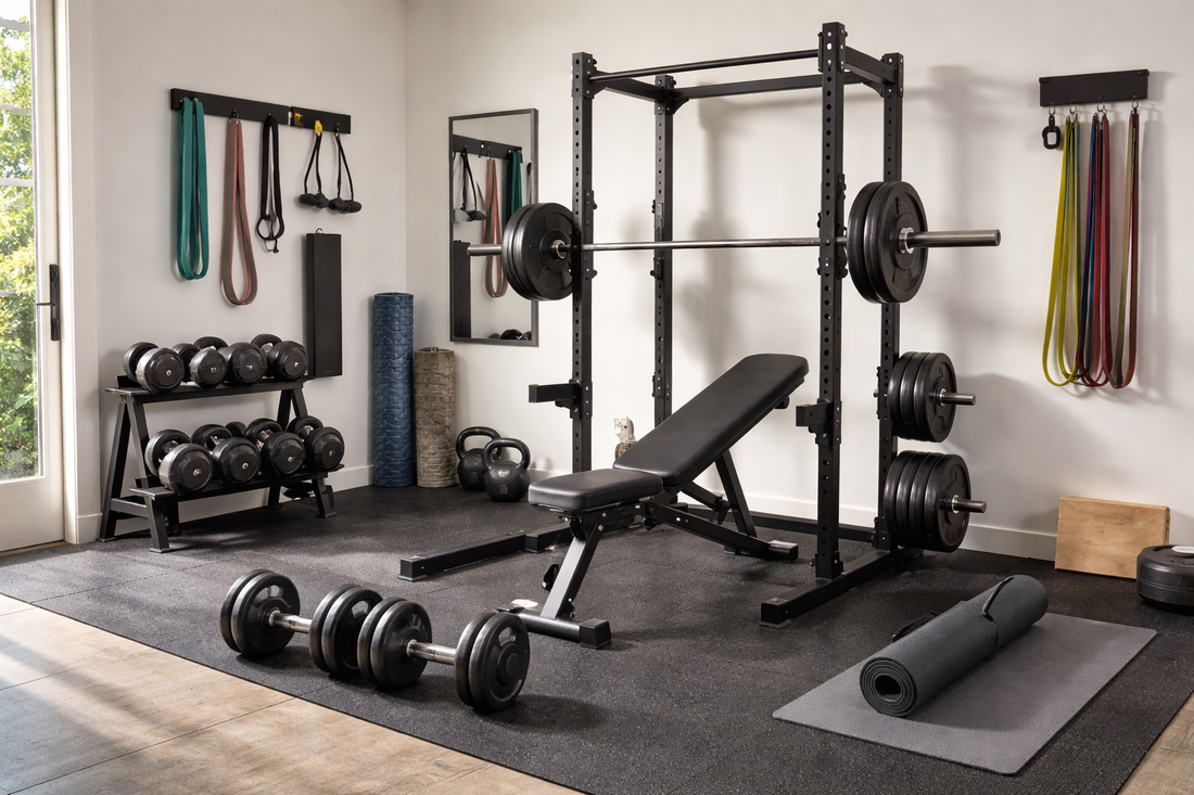 Realistic home gym setup with power rack, adjustable bench, dumbbells, and resistance bands in a clean, modern workout space on a budget