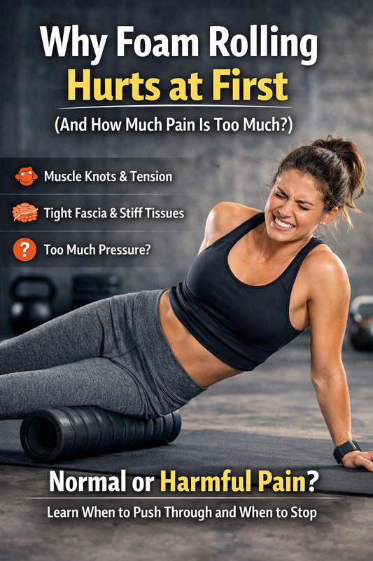 Woman foam rolling her thigh in a gym, showing why foam rolling hurts at first and how to tell normal muscle discomfort from harmful pain