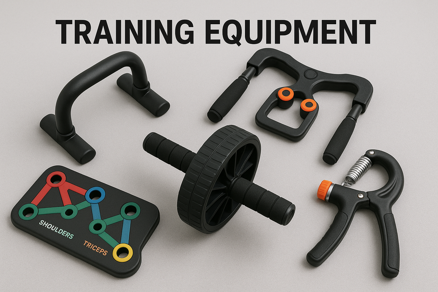 Training equipment collection featuring workout tools and fitness accessories for full-body exercise.