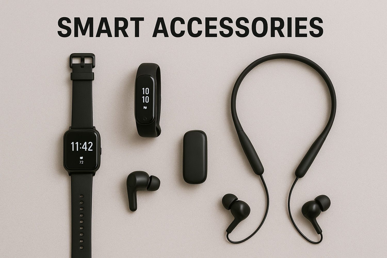 Premium smart accessories set with a fitness smartwatch and Green Pro wireless headphones.