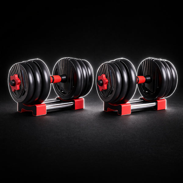 4-in-1 adjustable dumbbell set designed for compact home strength training, allowing quick weight adjustments for versatile workouts including muscle building, toning, and full-body fitness in a space-saving design.