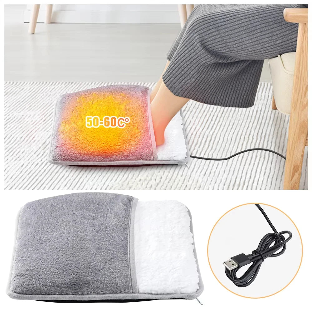 Woman using electric foot warmer while sitting on sofa