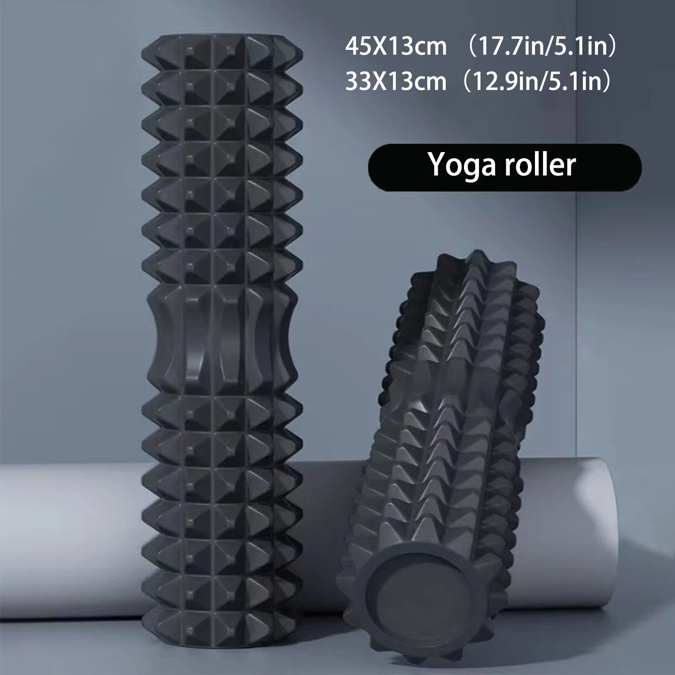 Two black foam roller set including block and massage column for yoga and Pilates