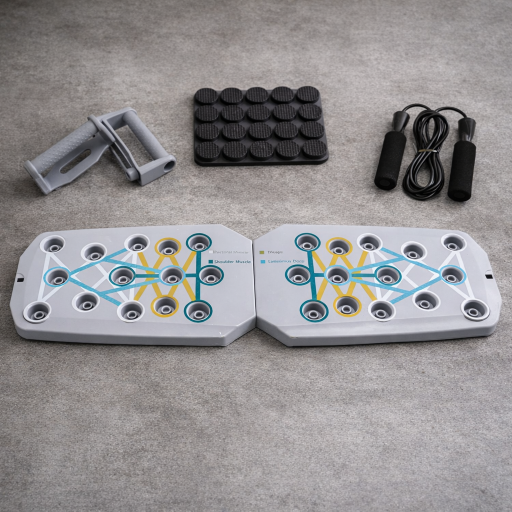 Grey pushup board with jump rope for cardio and endurance workouts