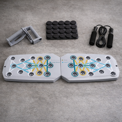 Grey pushup board with jump rope for cardio and endurance workouts