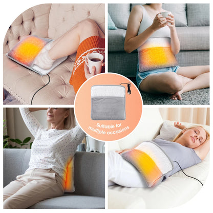 Woman relaxing with heated belly pad on living room
