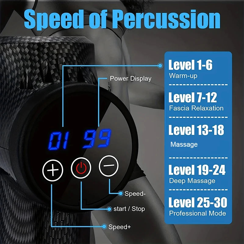 “Muscle massage gun with different levels of massage from relaxed to deep massage