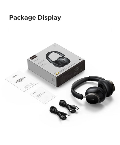 Black headphones with packaging and accessories 