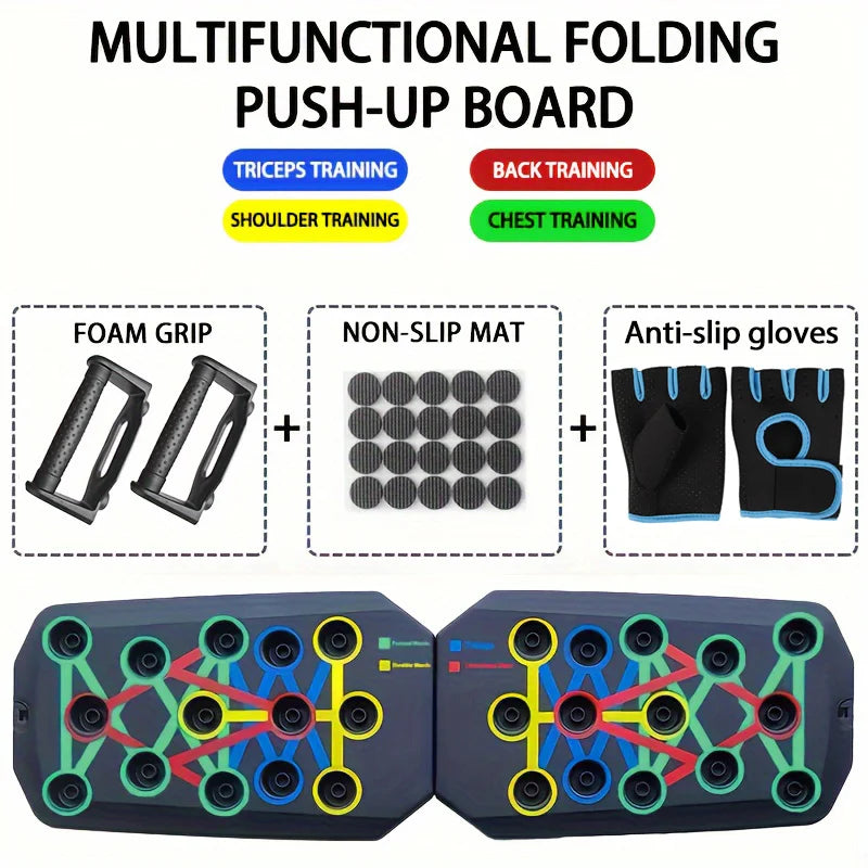 Multi-position push-up board with foam grip + non slip mat + anti-slip gloves
