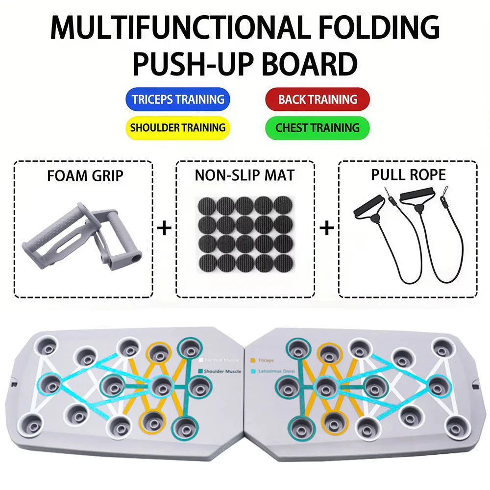 Multi-position push-up board with foam grip + non-slip mat + pull rope