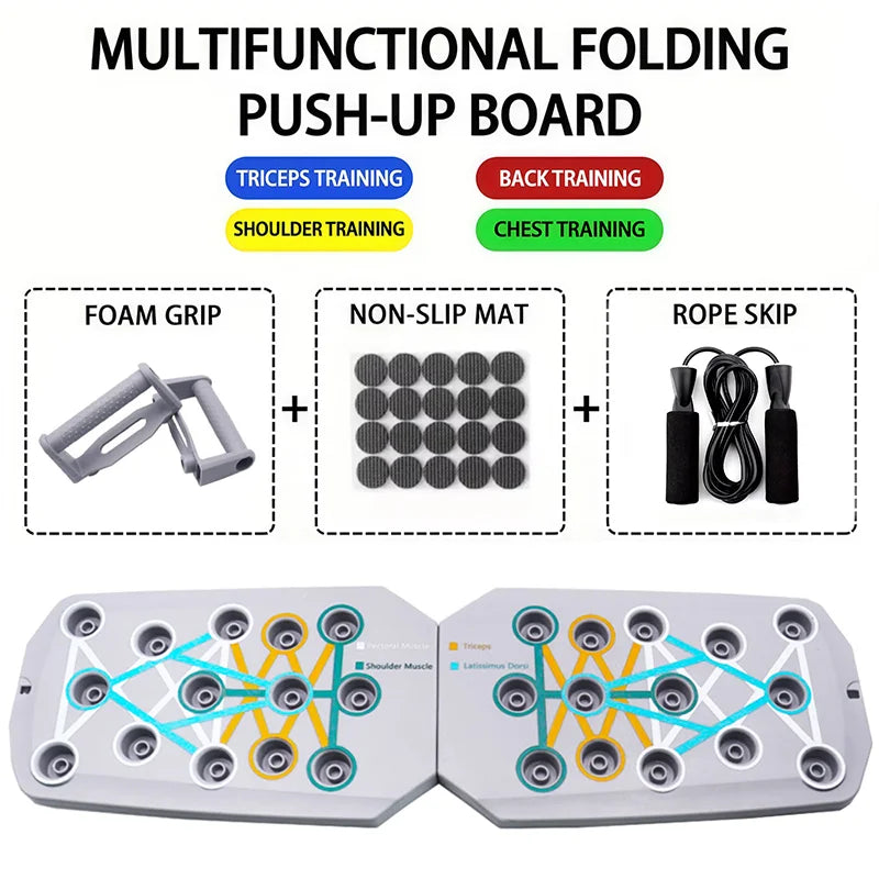 Multi-position push-up board with foam grip + non slip mat + rope skip