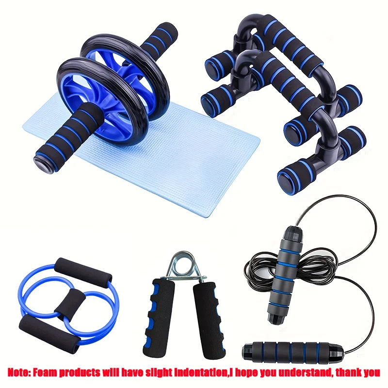 Collection of fitness equipment in blue color with U shaped push-up bar