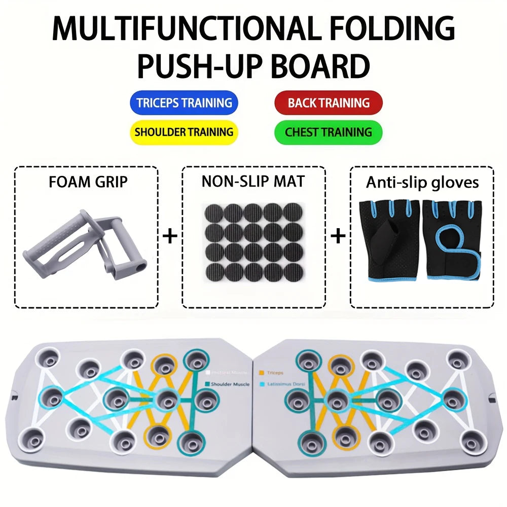 Multifunctional folding pushup board with foam grip + non slip mat + anti slip gloves