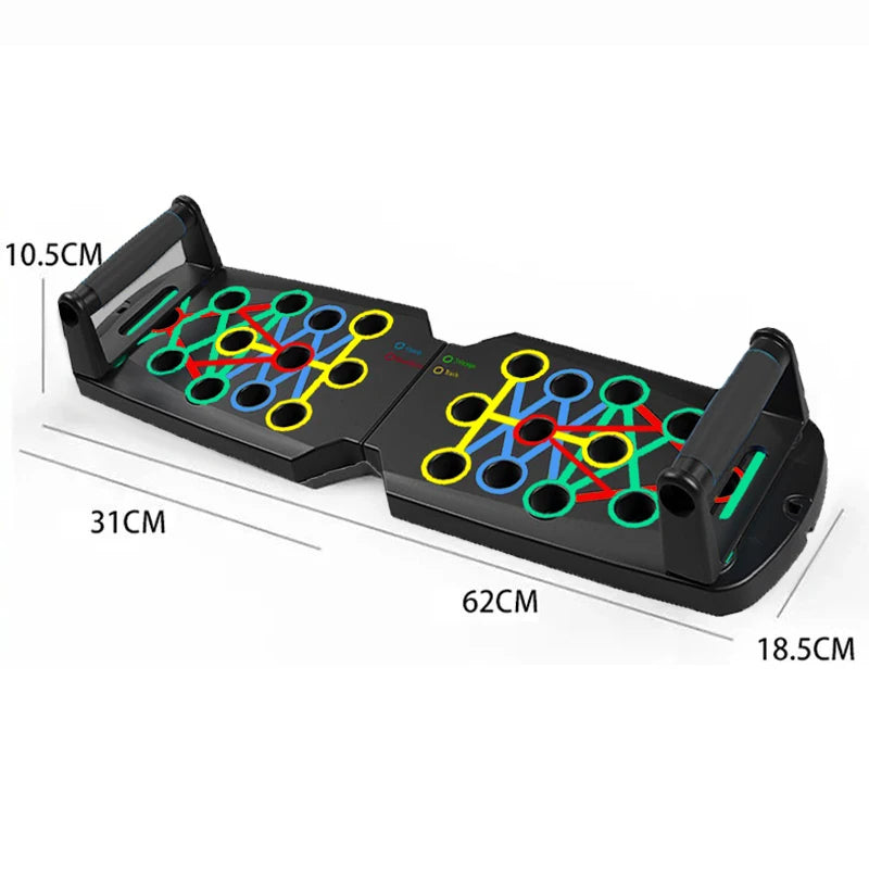 Pushup board with colorful design and measurements on a white background