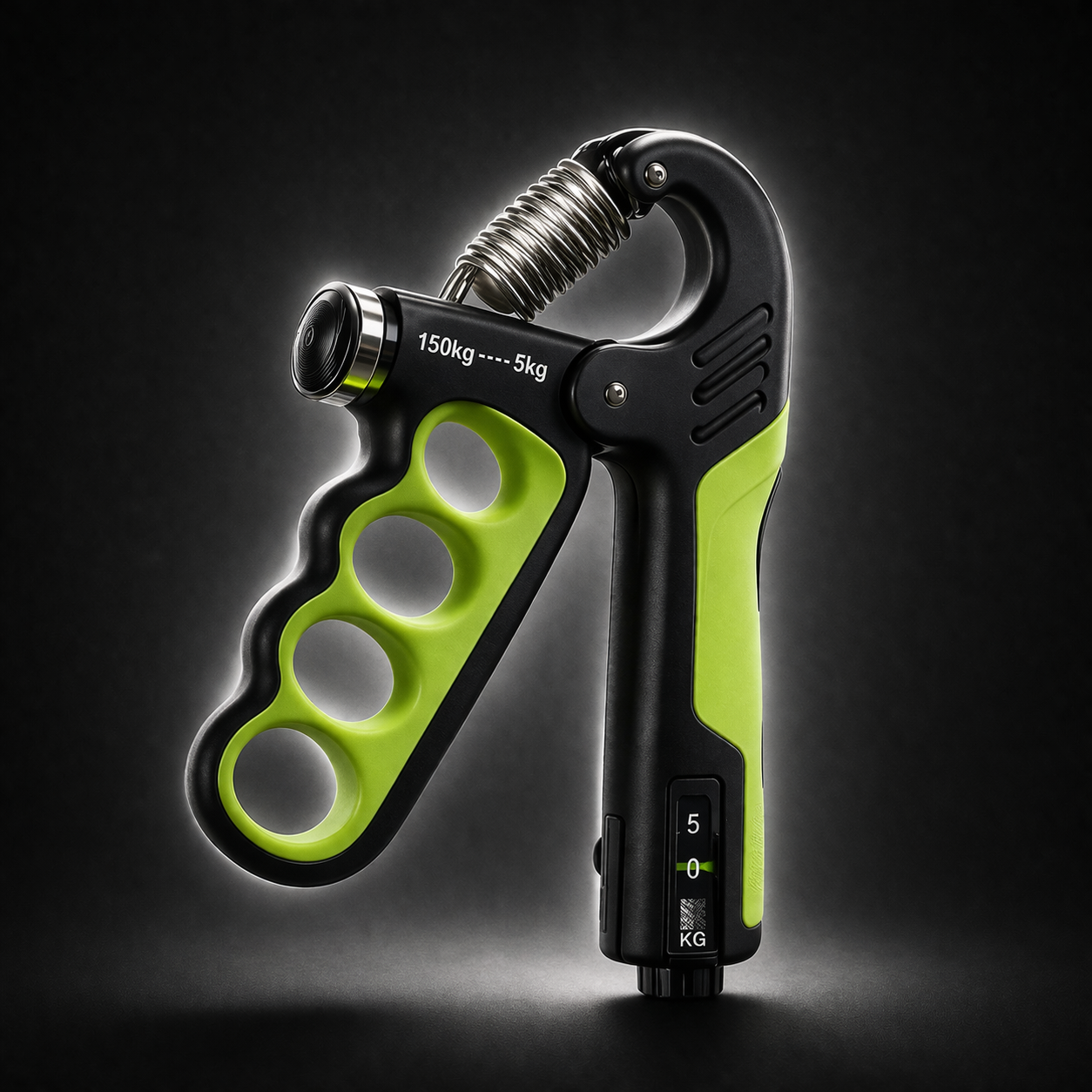 Adjustable grip strength trainer with resistance range from 5 to 150 kg designed to build hand and forearm strength, improve grip endurance, and support rehabilitation and athletic performance training.