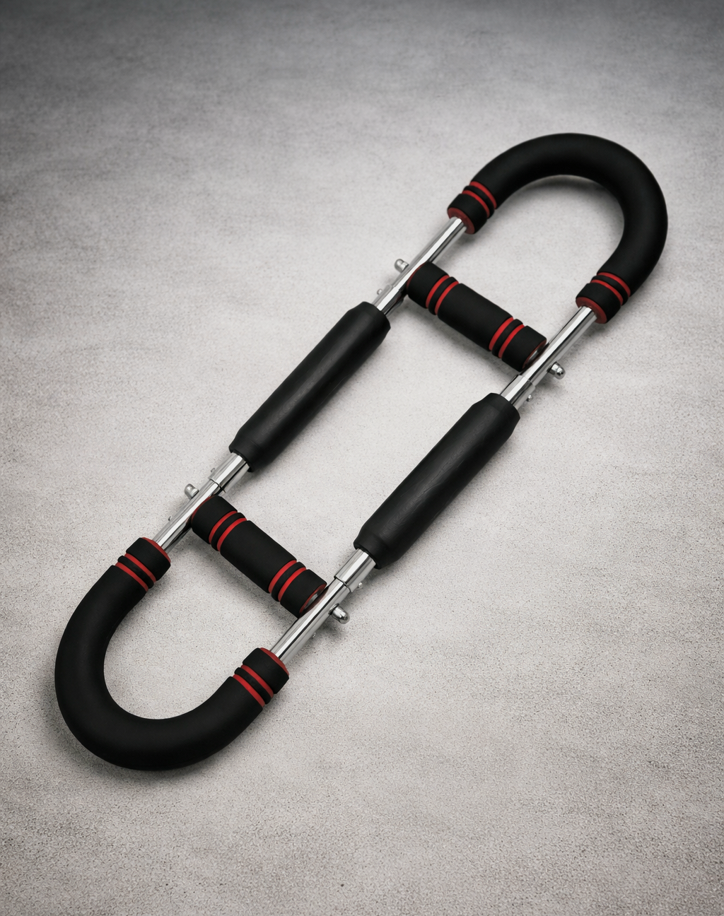 Red adjustable U shaped arm trainer for biceps and triceps workouts at home