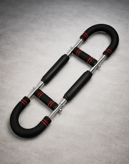 Red adjustable U shaped arm trainer for biceps and triceps workouts at home