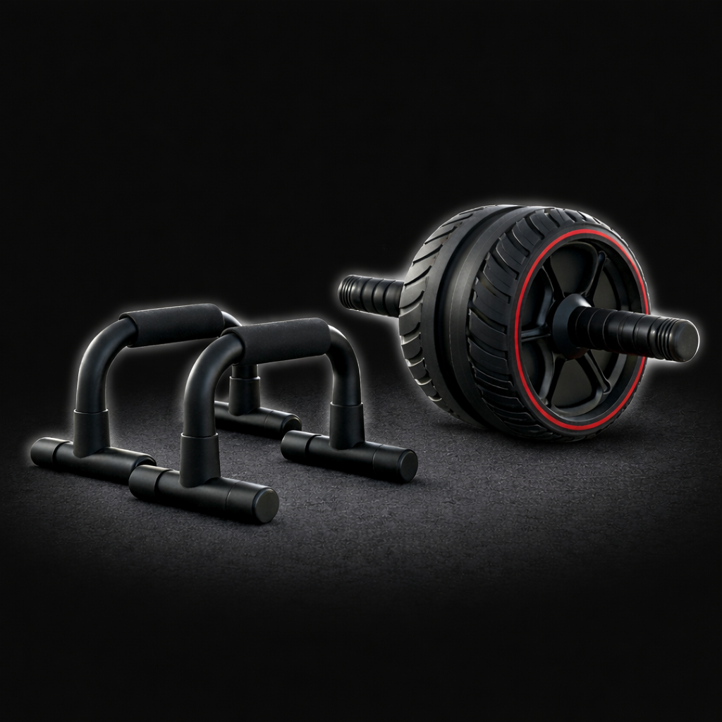 Core strength starter bundle including push-up bars and an ab roller designed for effective home workouts to build core strength and upper body muscles.