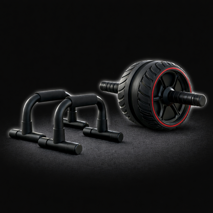 Core strength starter bundle including push-up bars and an ab roller designed for effective home workouts to build core strength and upper body muscles.