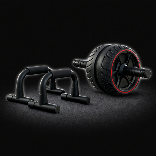 Core strength starter bundle including push-up bars and an ab roller designed for effective home workouts to build core strength and upper body muscles.