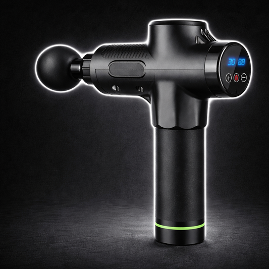 Deep tissue massage gun designed to relieve muscle soreness, reduce tension, and speed up recovery after workouts through percussive therapy.