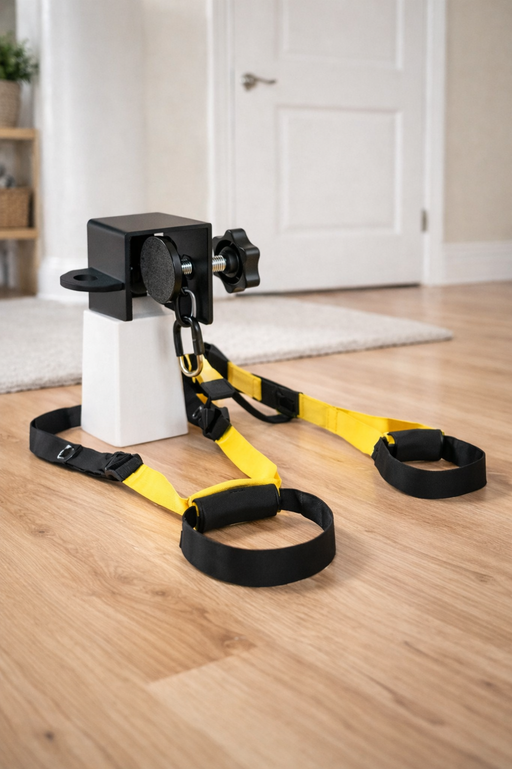 Door anchor clamp mounted on door with suspension trainer straps on wooden floor in modern home workout space.