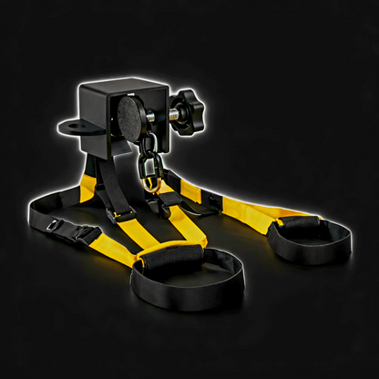 Door anchor stretch strap used as a flexibility trainer for stretching exercises, attached to a door for home workouts.