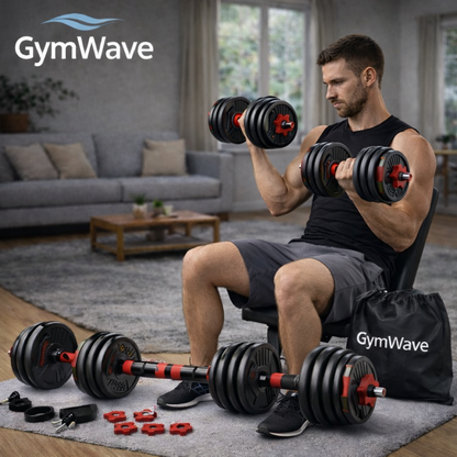 GymWave adjustable dumbbell set used at home by an athlete performing seated bicep curls in a natural living room setting