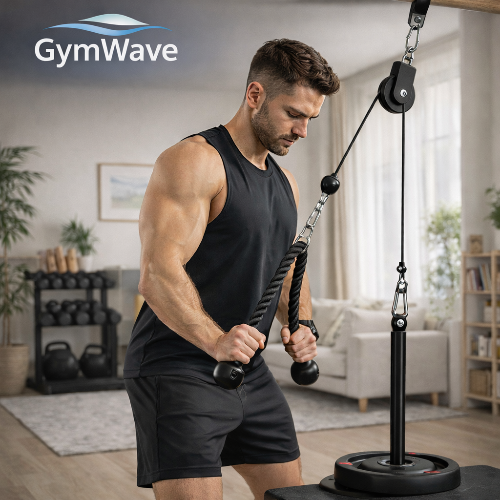GymWave cable pulley system used for full body home workout in a modern living room