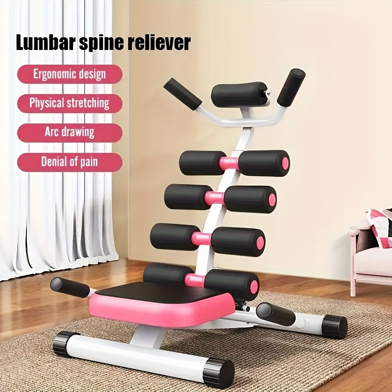 User performing lower back stretch on GymWave Lumbar Spine Reliever