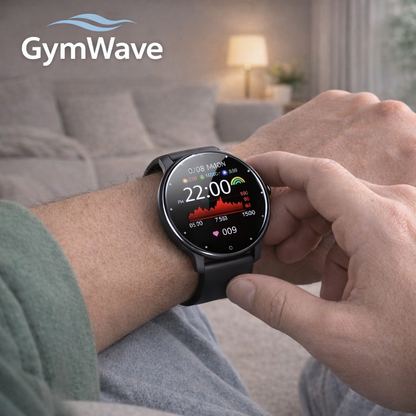 GymWave smart fitness watch displaying heart rate and activity tracking