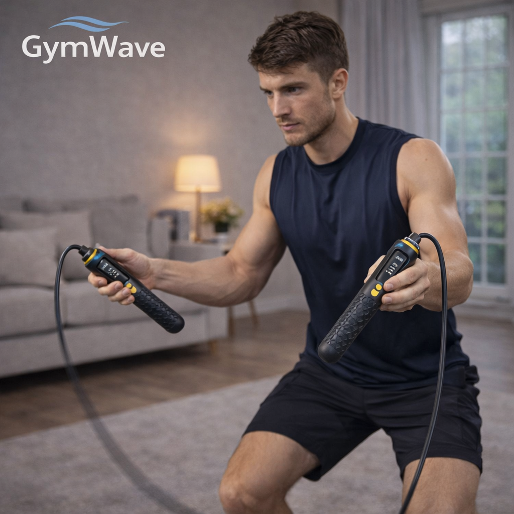 Man performing a home workout using the GymWave smart jump rope in a modern living room.