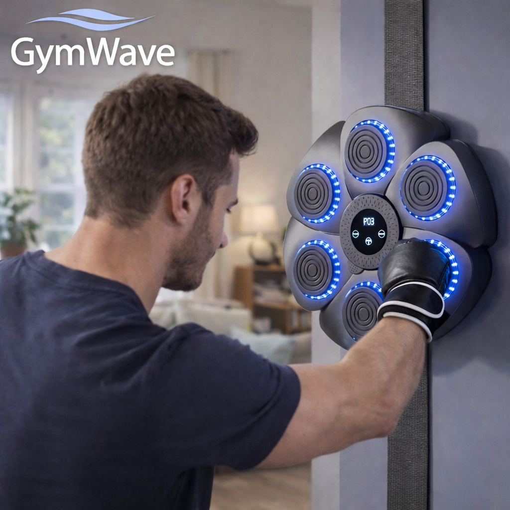 GymWave smart punch trainer mounted on a wall with LED targets