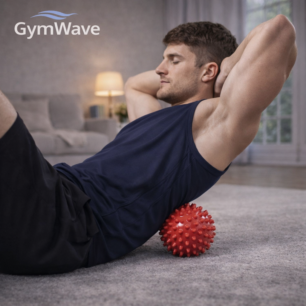 Man using the GymWave spiked massage ball for muscle recovery in a modern home setting.