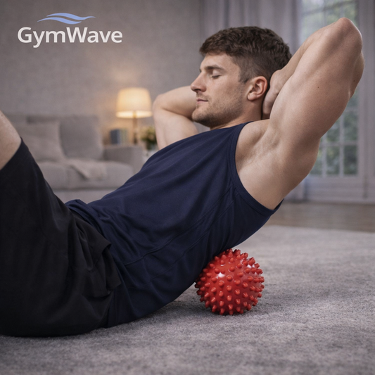 Man using the GymWave spiked massage ball for muscle recovery in a modern home setting.
