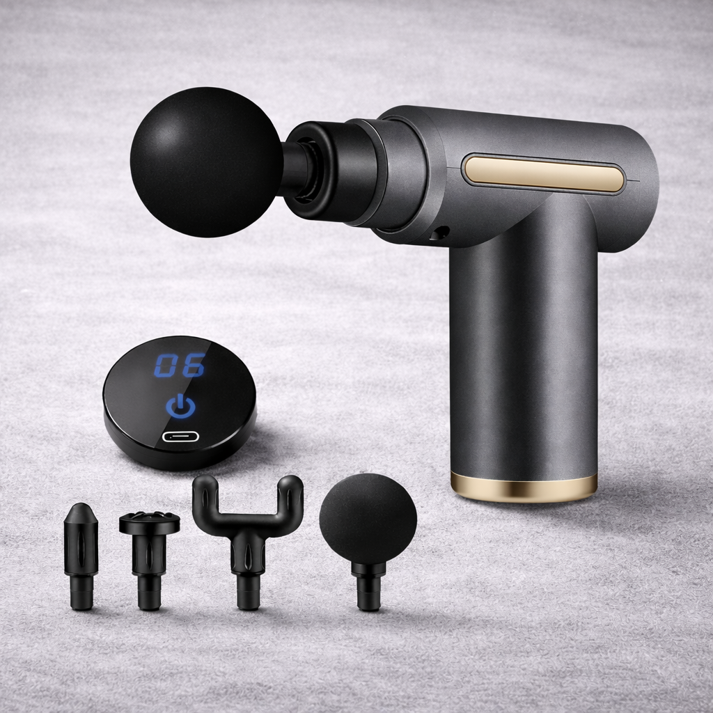 Handheld muscle massager in gray for pain relief and recovery