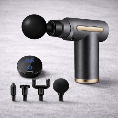 Handheld muscle massager in gray for pain relief and recovery