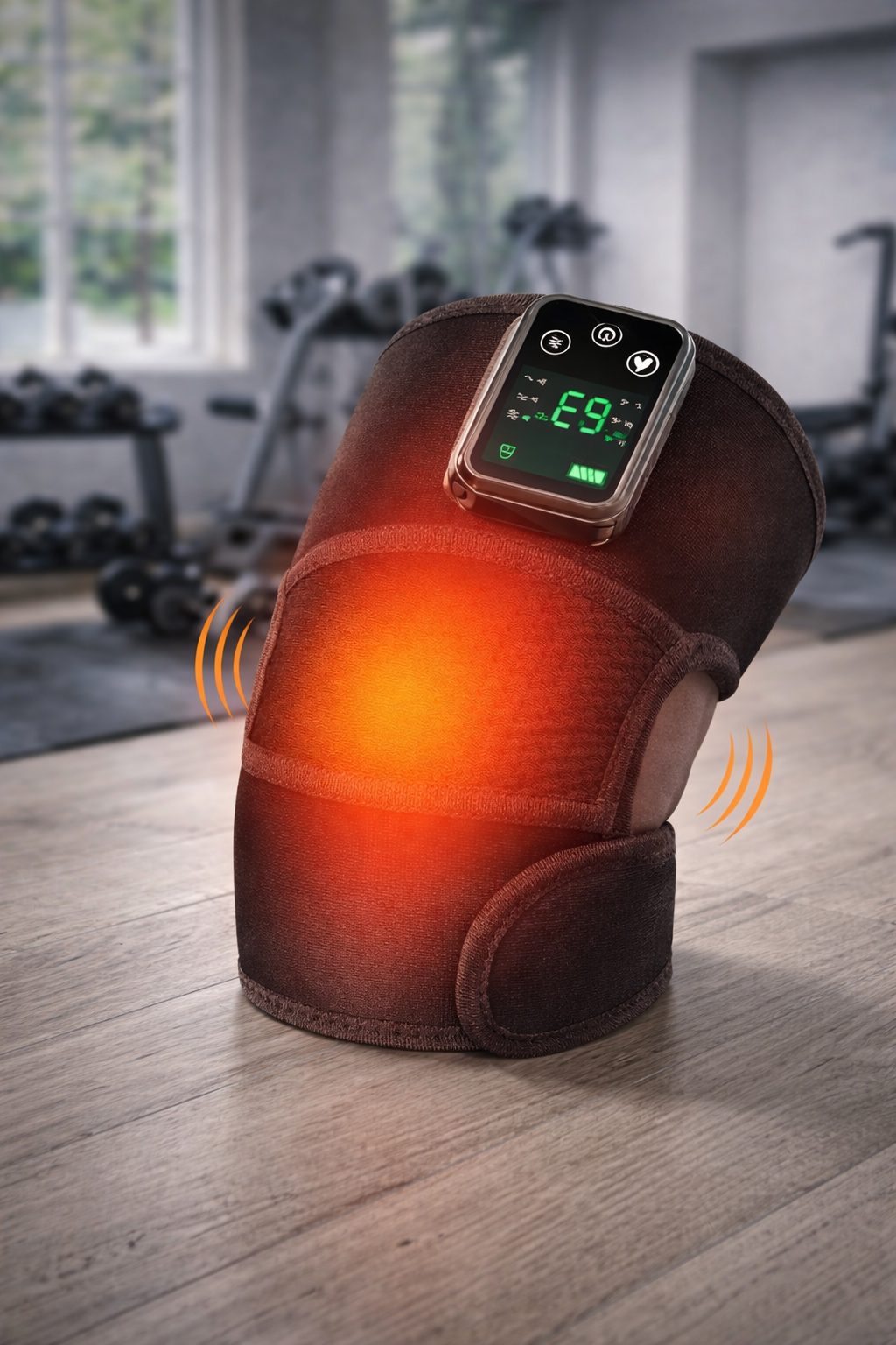 Heating vibration knee pad being used at home while sitting on couch