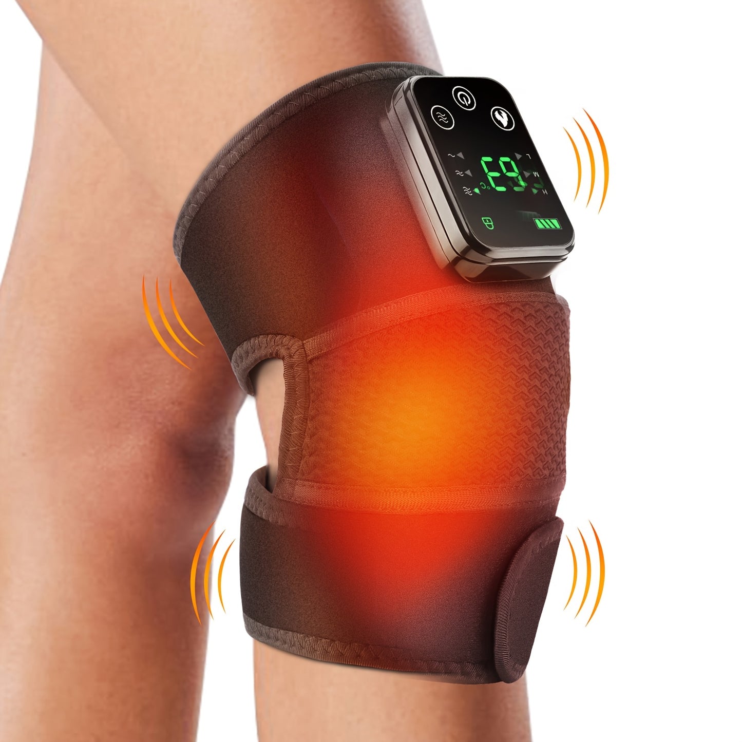 Person using heating vibration knee pad on their knee at home