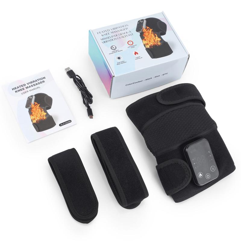 Heating vibration knee pad packaging showing included accessories and manual