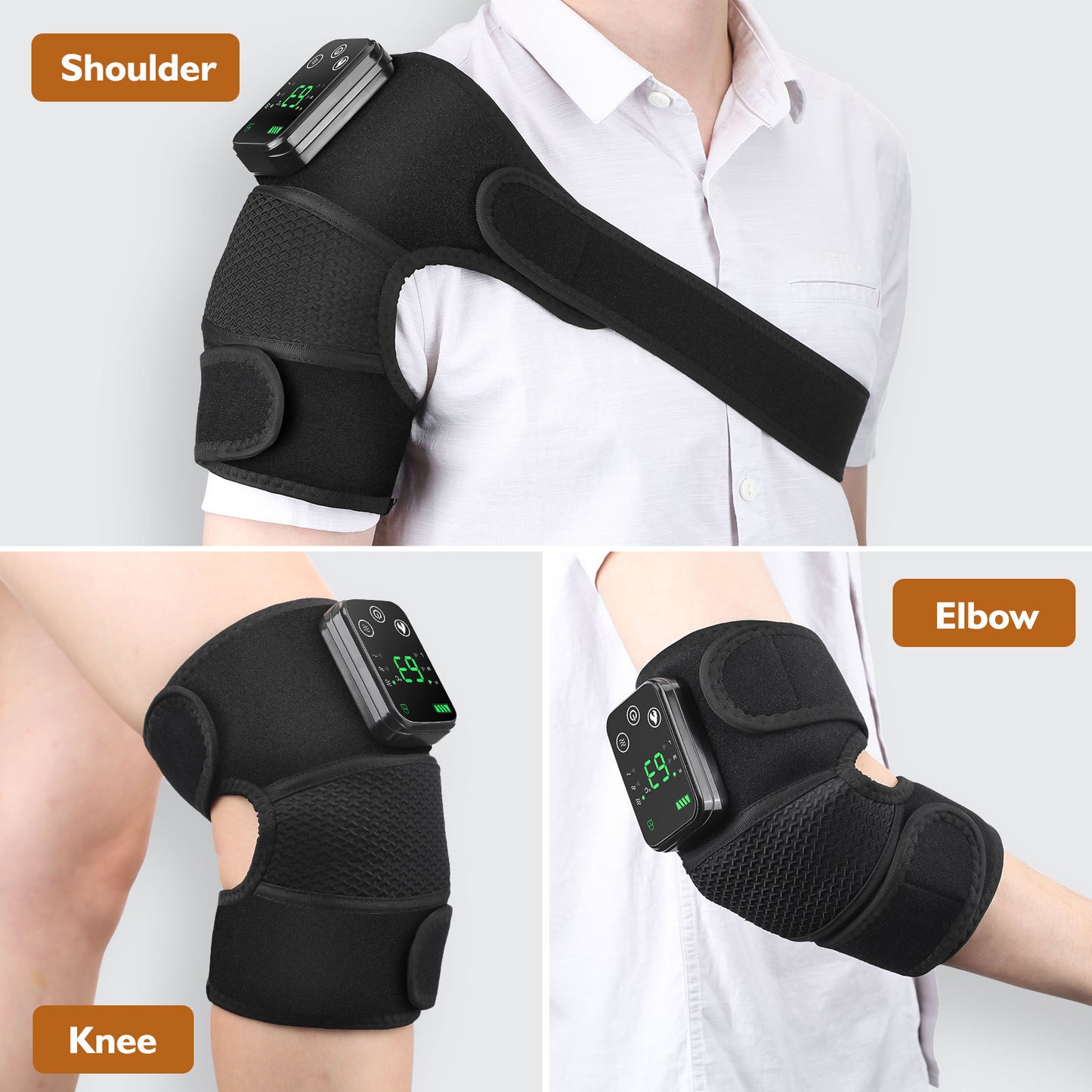 Illustration showing pain relief areas for knee and shoulder using massager