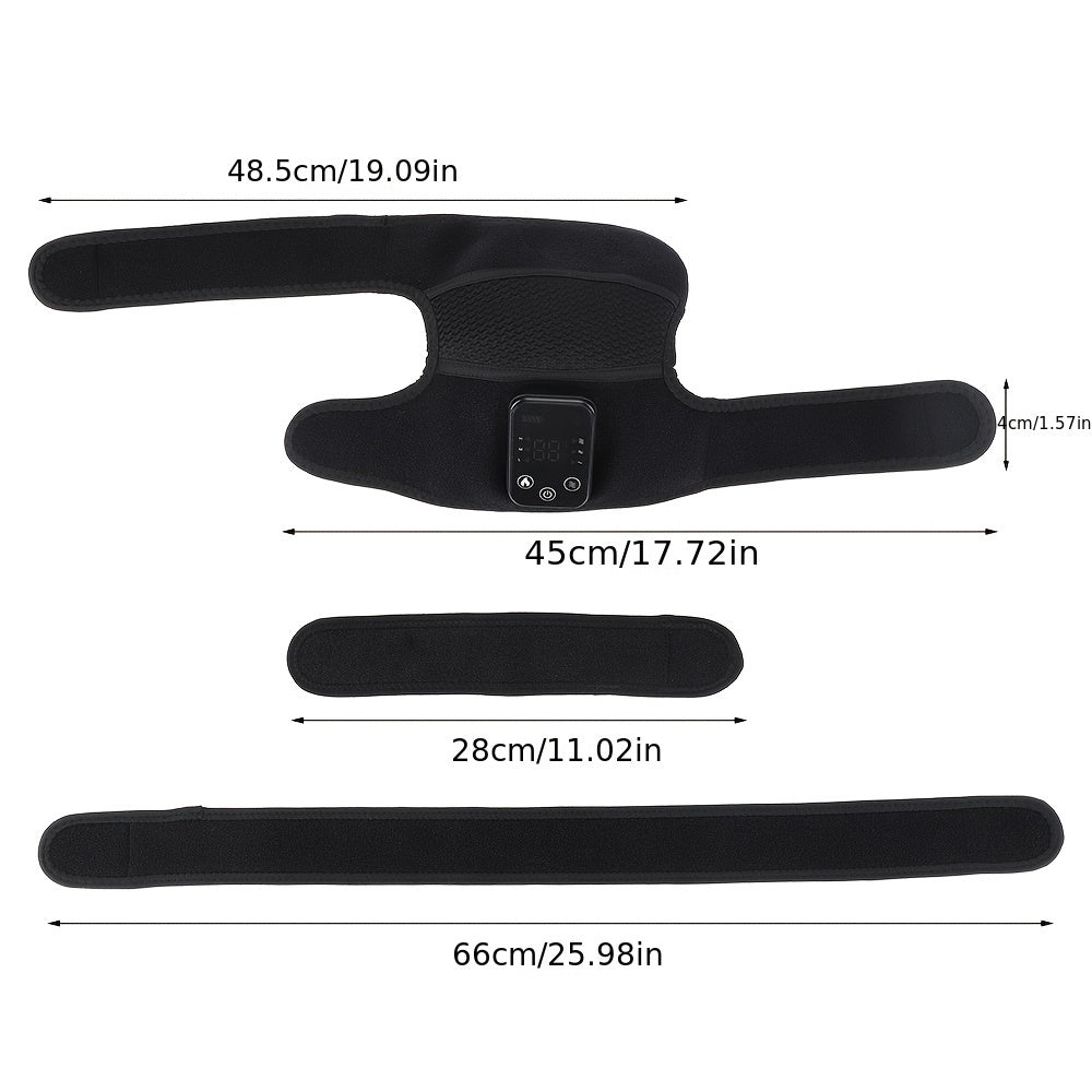 View of heating vibration knee pad showing adjustable straps and ergonomic design