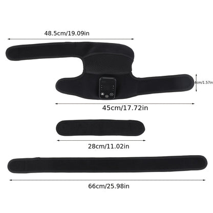 View of heating vibration knee pad showing adjustable straps and ergonomic design