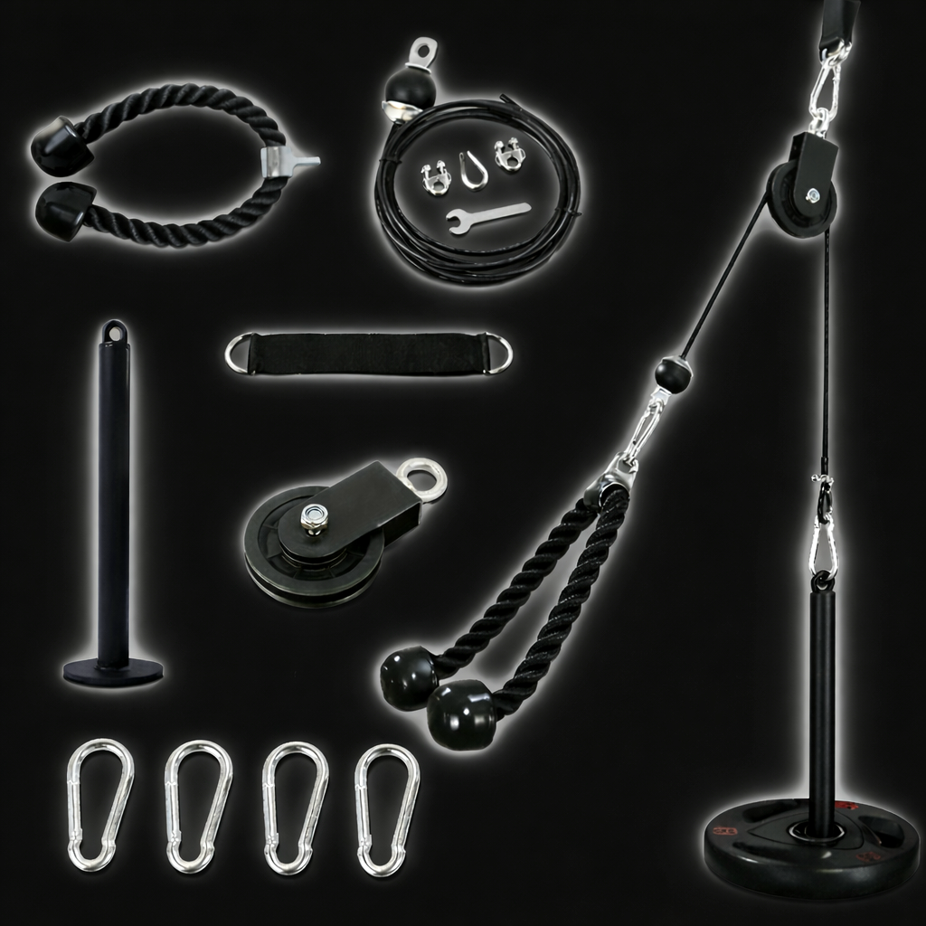 Heavy-duty home gym cable pulley system 7-piece set designed for strength training, resistance workouts, and full-body exercises at home.